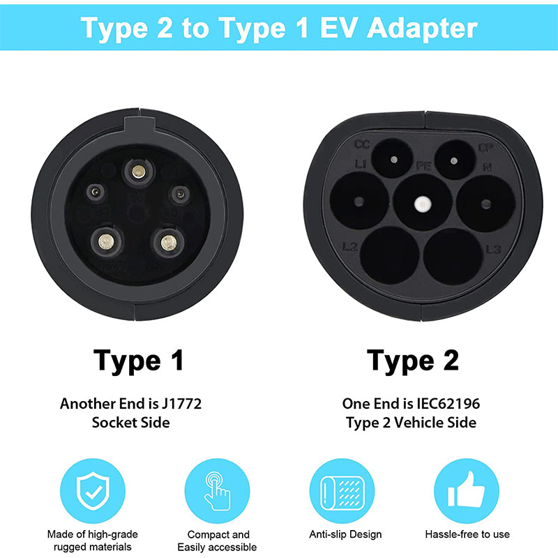 Suk-T2T1 Electric Vehicle Type 2 To Type 1 Ev Charging Adapter 16A Ev Charger Connector SAE J1772 to IEC 62196