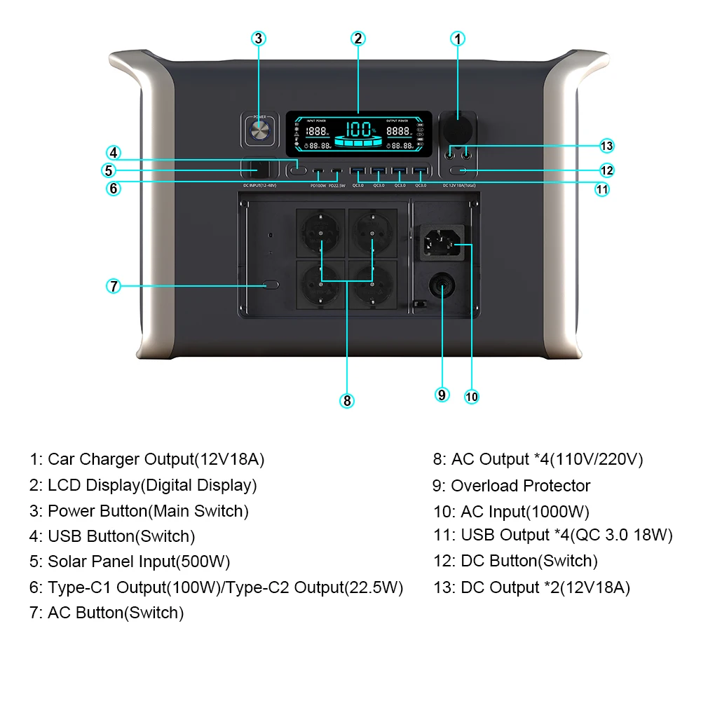 Power stations portable solar power station LiFePO4 battery 640Ah 2048Wh 2600W home outdoor camping with LCD display - EV Globle Store