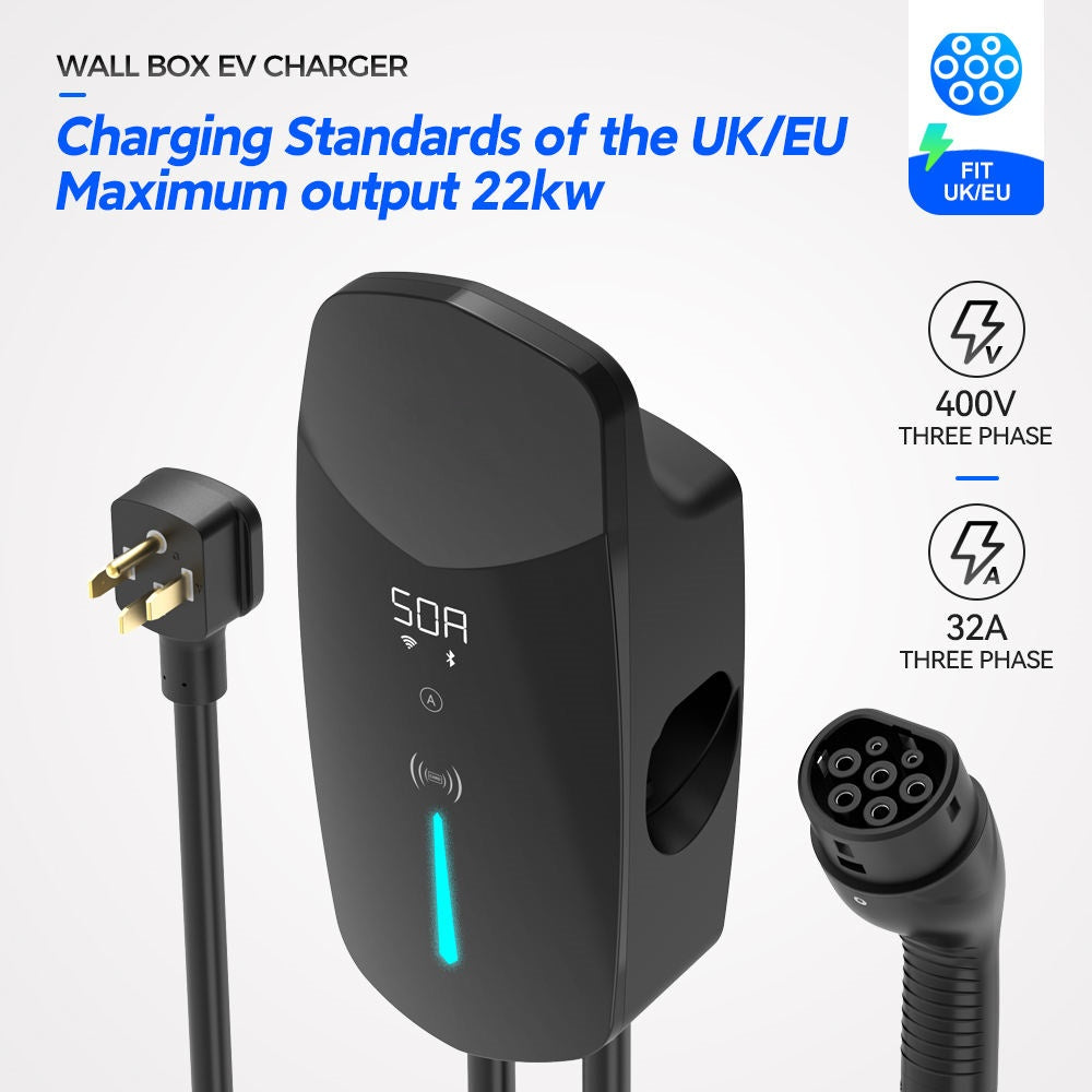 Type 2 Plug 1 Phase Waterproof 22KW 32A Screen Evse AC EV Charger Wallbox with WiFI App - EV Globle Store