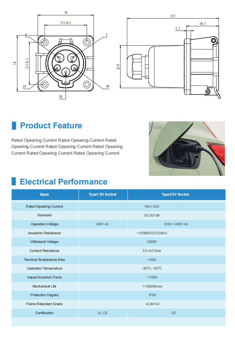 Suk-T1So 16A 32A Type 1 Connector SAE J1772 EV Socket Plug Car Charger us AC Inlet EVSE Charging Socket