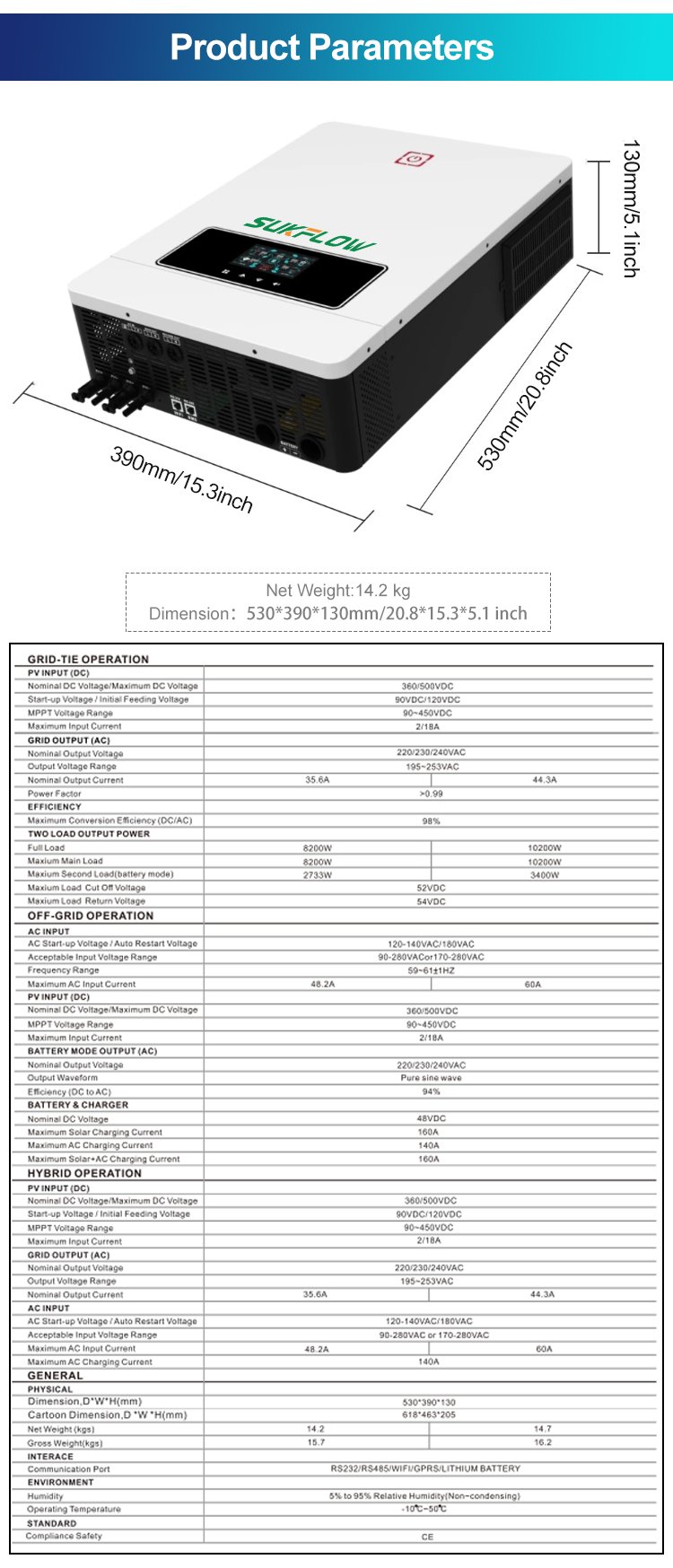 SUKFLOW Advanced 8.2KW Hybrid Inverter For Large Solar Arrays